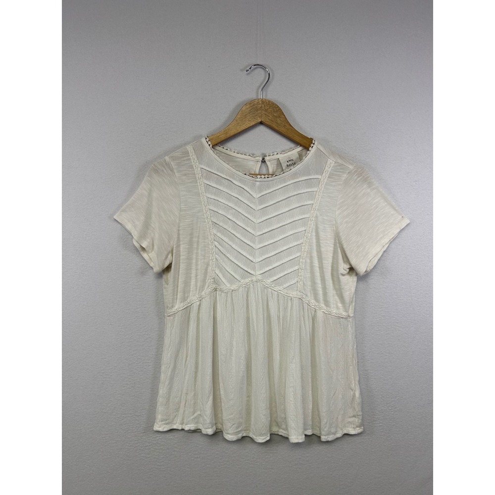 Boho Cottagecore Knox Rose Womens Med Ivory Pintuck Lace Babydoll Top Short Slv
